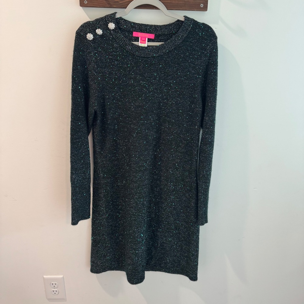 Lilly Pulitzer Morgen Metallic Green Sequin Sweater Dress Rhinestone Button L